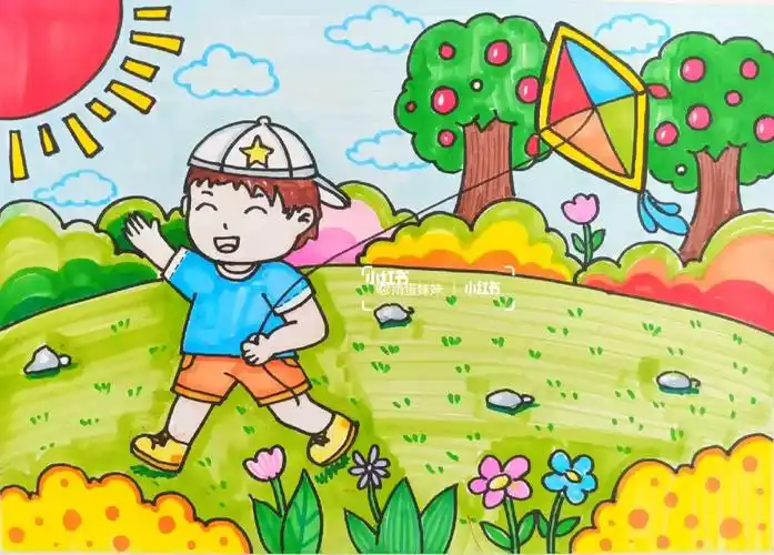 儿童画漫画考级三级帅气男孩春天放风筝野外