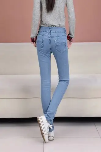 2014春装新款韩版浅蓝色中学生牛仔裤女休闲裤女铅笔小脚长裤子潮