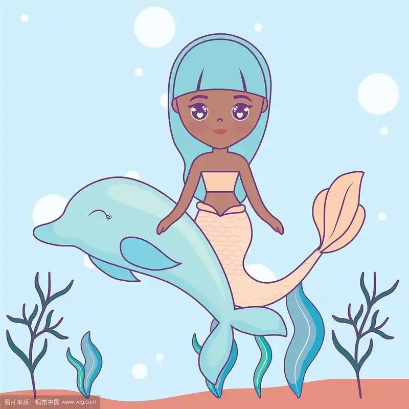 可爱的美人鱼和海豚在海里