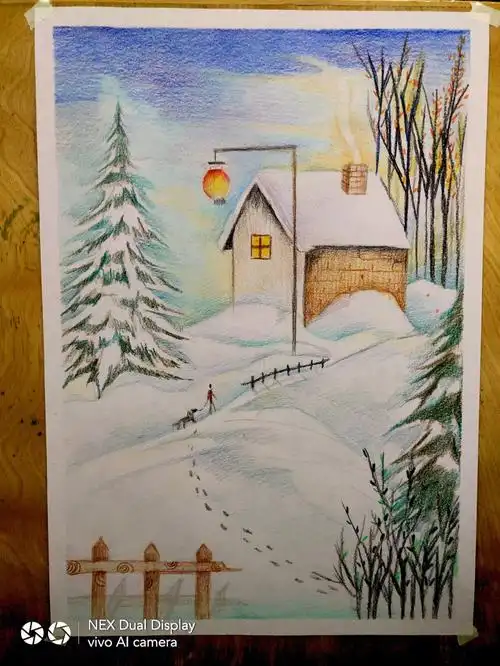 村落大雪景彩铅风景附步骤图
