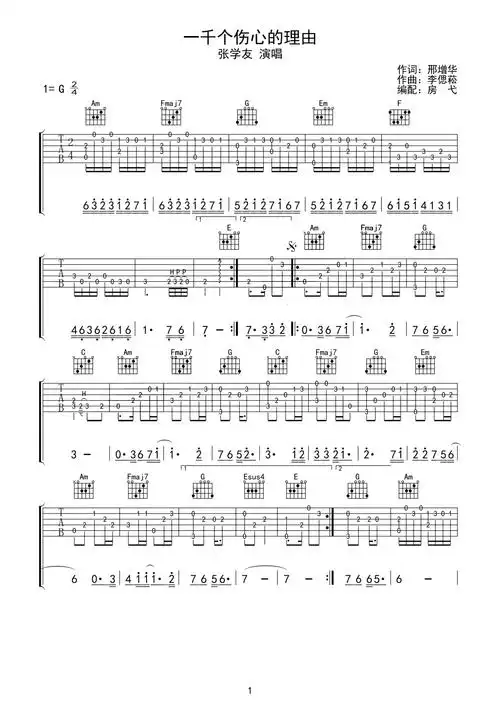 张学友一千个伤心的理由吉他谱g调吉他独奏谱